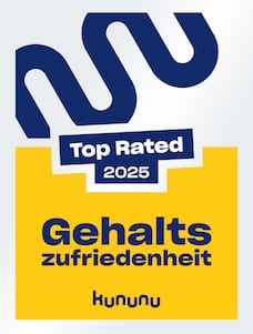 Grafik der Kununu-Auszeichnung „Top Rated 2025“, verliehen für besonders hohe Gehaltszufriedenheit